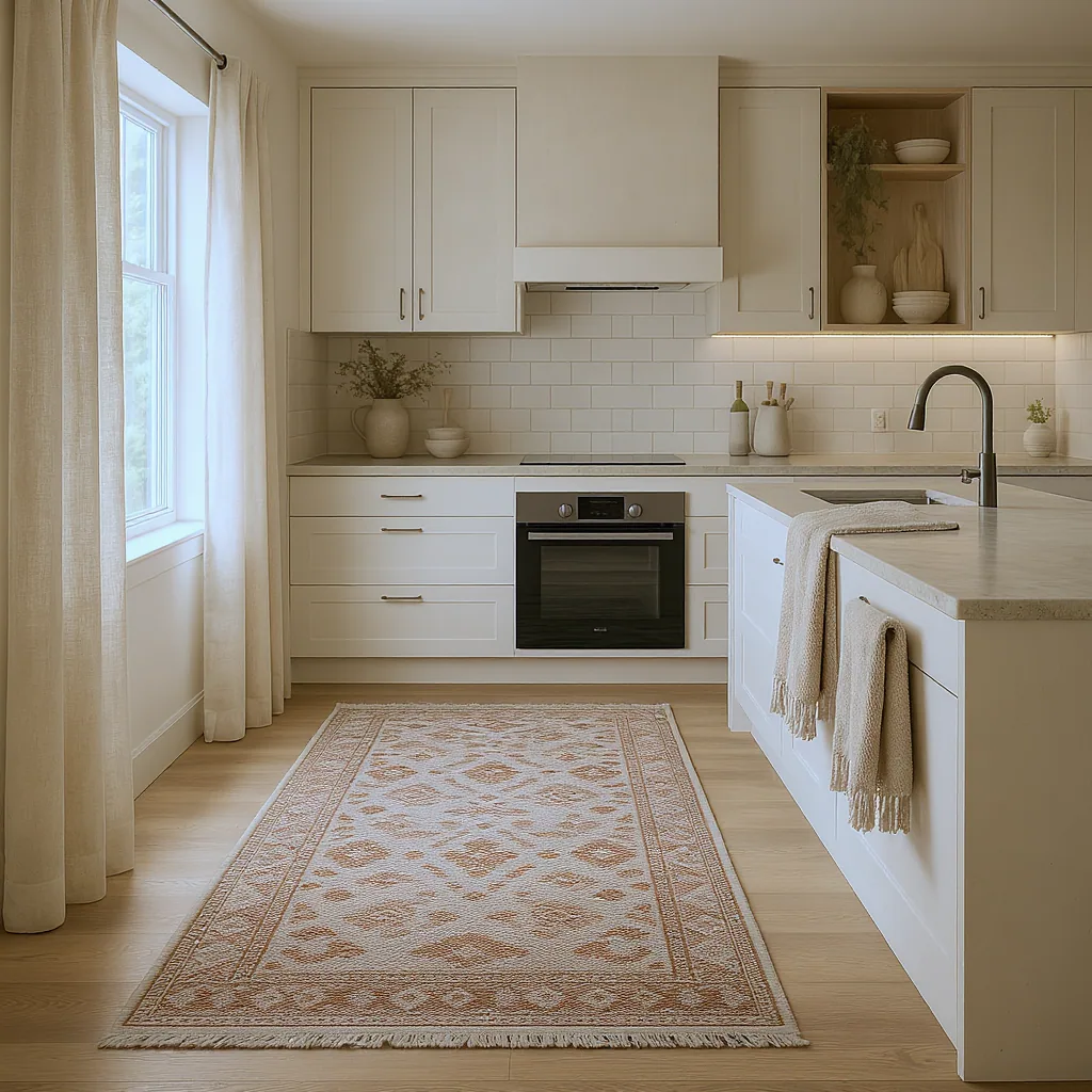 Modern Minimalist Kitchen With A Patterned Rug Linen Curtains And