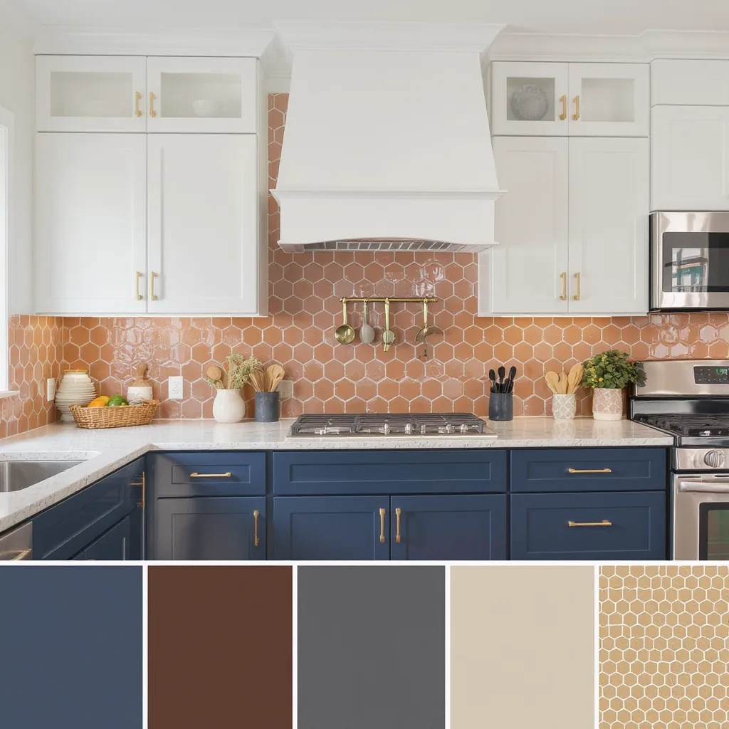 Rendered Kitchen With Navy Lower Cabinets White Upper Brass Hardware