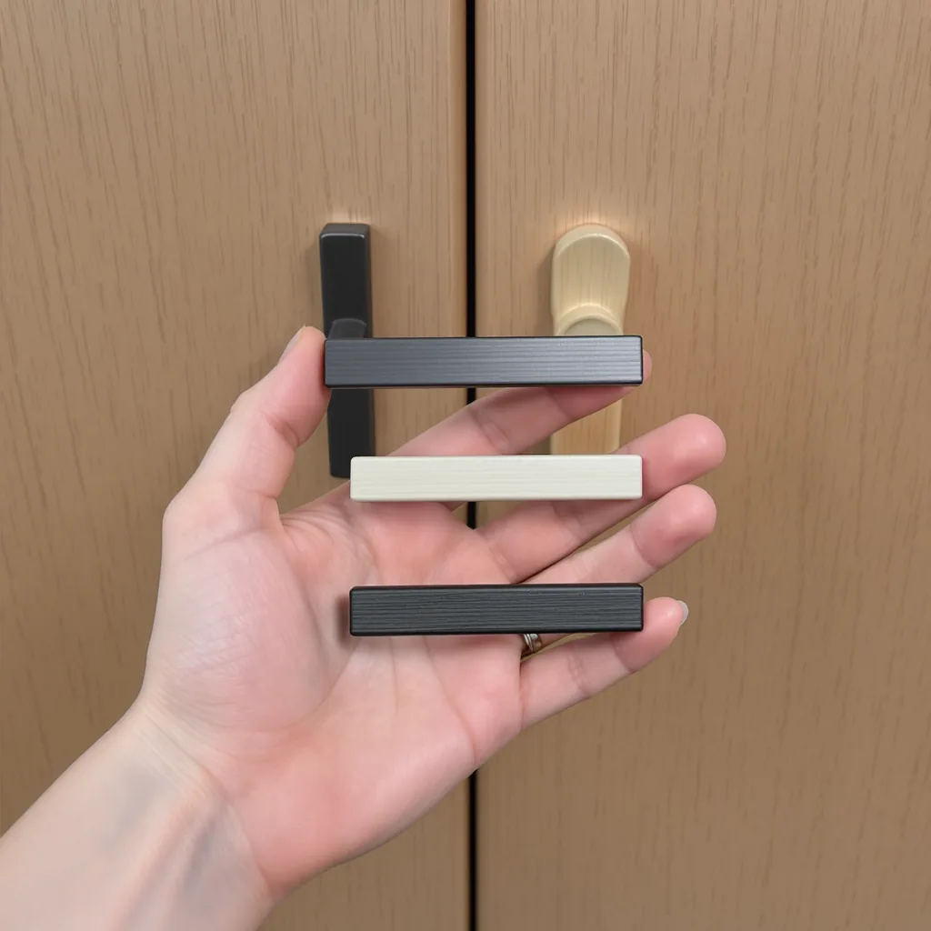Hand Holding Three Different Cabinet Pulls Against A Wooden Door