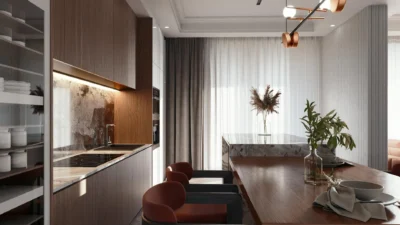 Modern kitchen corner with floating shelves, a small plant, and a stylish utensil holder as functional decor.