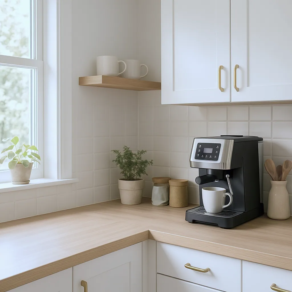 Bright Coffee Station With A Sleek Machine And Mugs On