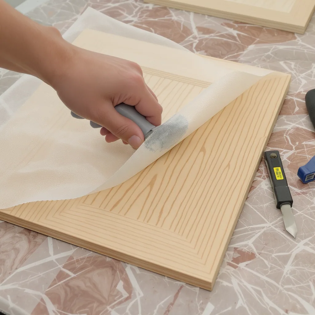 Hand Applying Wood-grain Adhesive Veneer To A Flat Cabinet Door