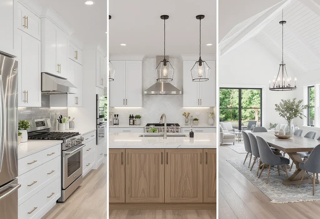 Modern kitchen lighting layout guide showing task, ambient, and accent lights for galley, L-shaped, and open plan designs.