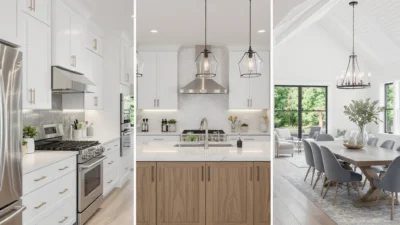 Modern kitchen lighting layout guide showing task, ambient, and accent lights for galley, L-shaped, and open plan designs.