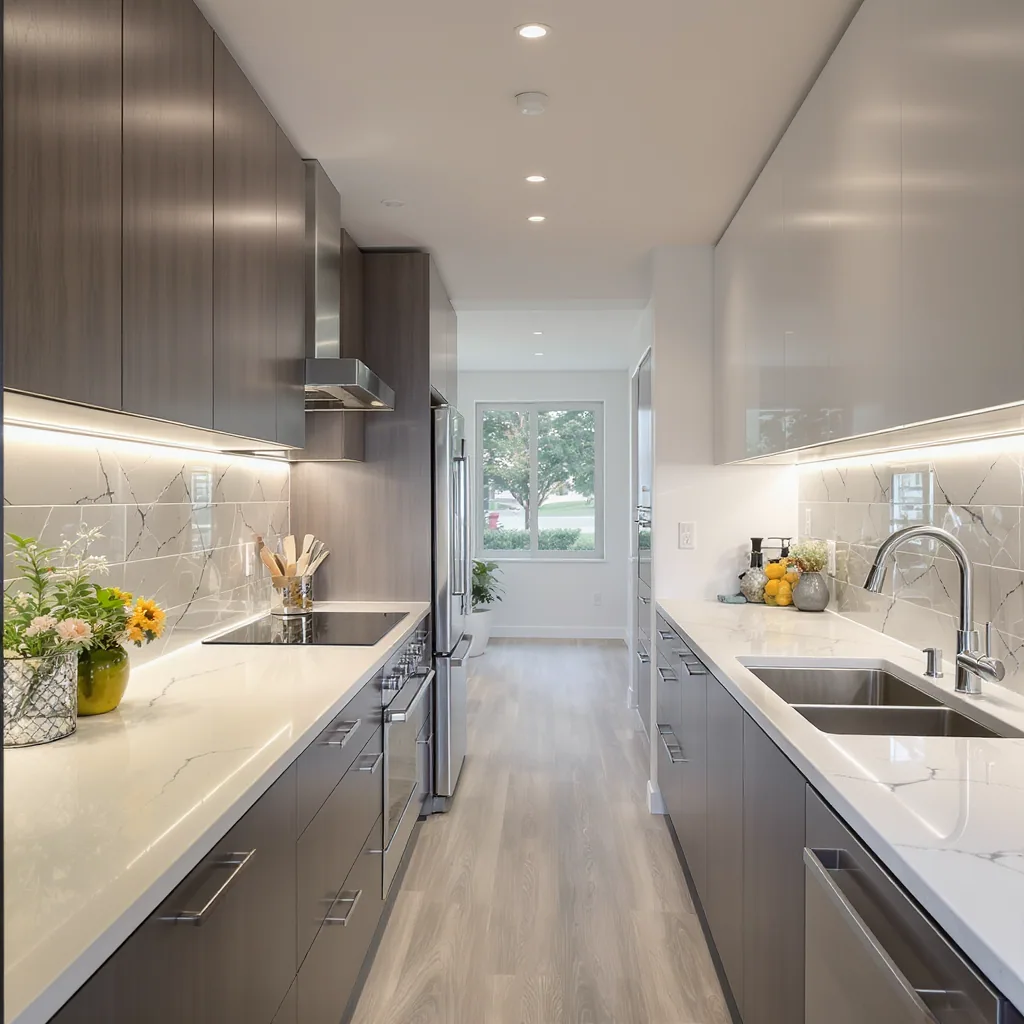 Modern Galley Kitchen With Under-cabinet Led Strips And Recessed Ceiling