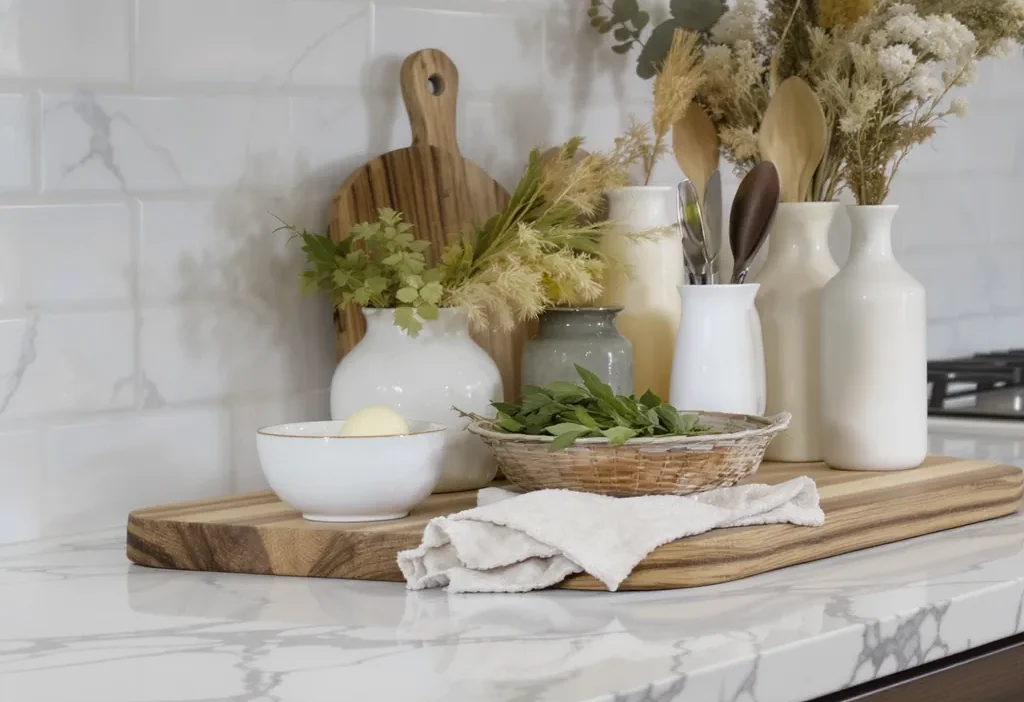 Stylish kitchen with quartz, butcher block, and laminate countertops decorated with plants and utensils.