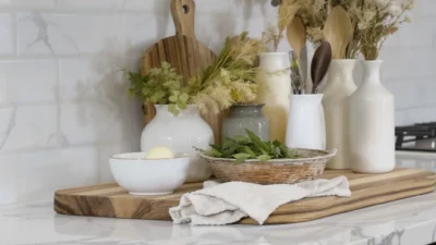 Stylish kitchen with quartz, butcher block, and laminate countertops decorated with plants and utensils.