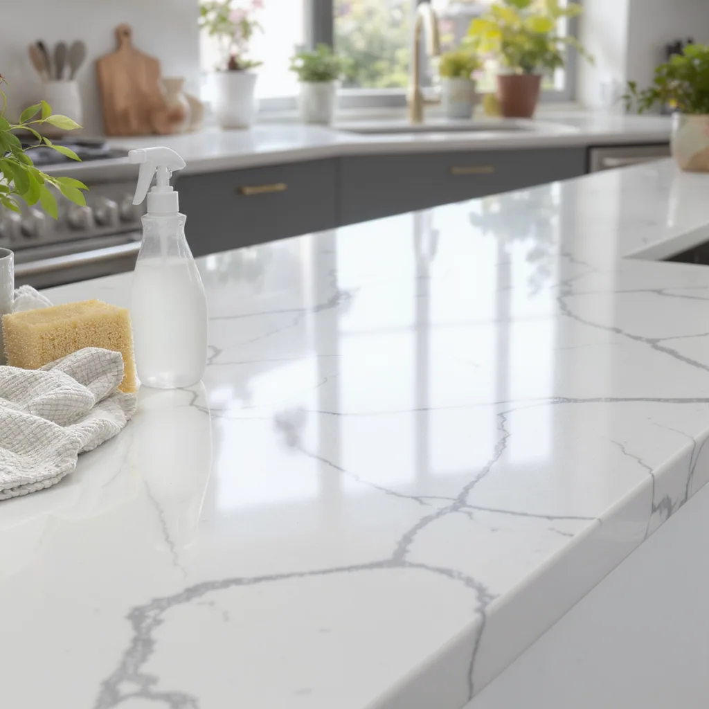 Clean Empty Kitchen Countertop With Cleaning Supplies Nearby