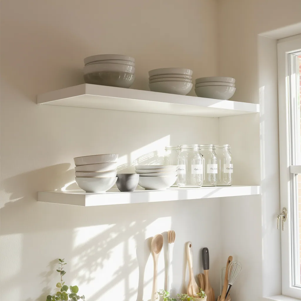 Minimalist Open Kitchen Shelf With Ceramic Bowls Glass Jars And