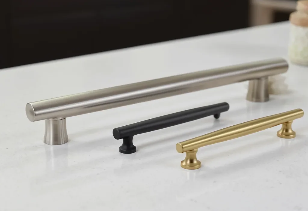 Comparison of brushed nickel, matte black, and brass cabinet pulls on a white kitchen cabinet.