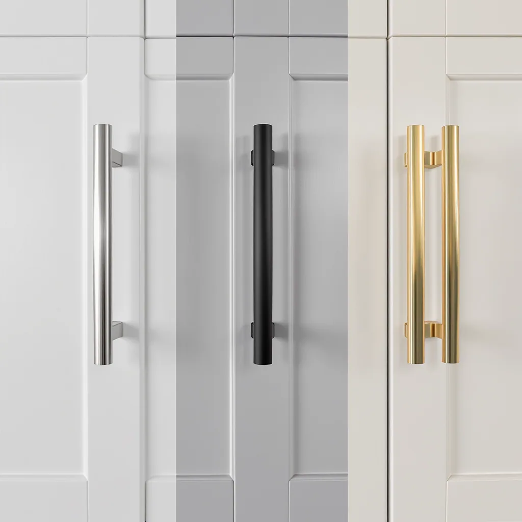 Three Identical Kitchen Cabinet Doors Side By With Brushed Nickel