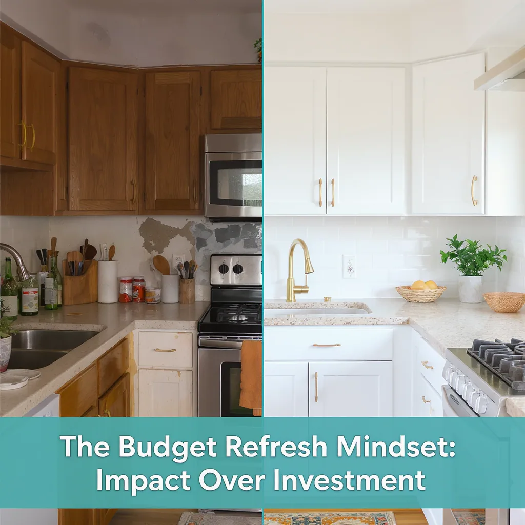 Split Image Showing A Kitchen Before And After Budget-friendly Refresh