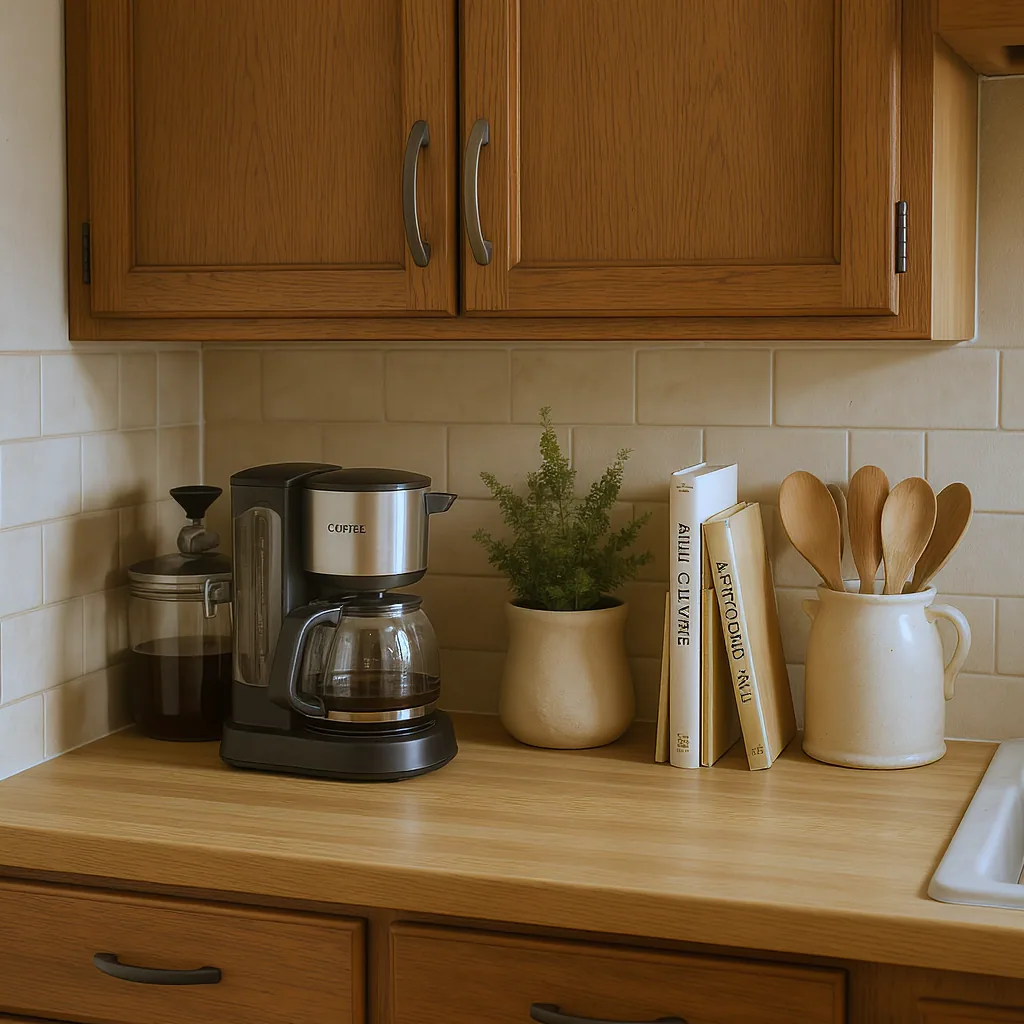 Warm Kitchen Counter With A Coffee Station Cookbook Stand And