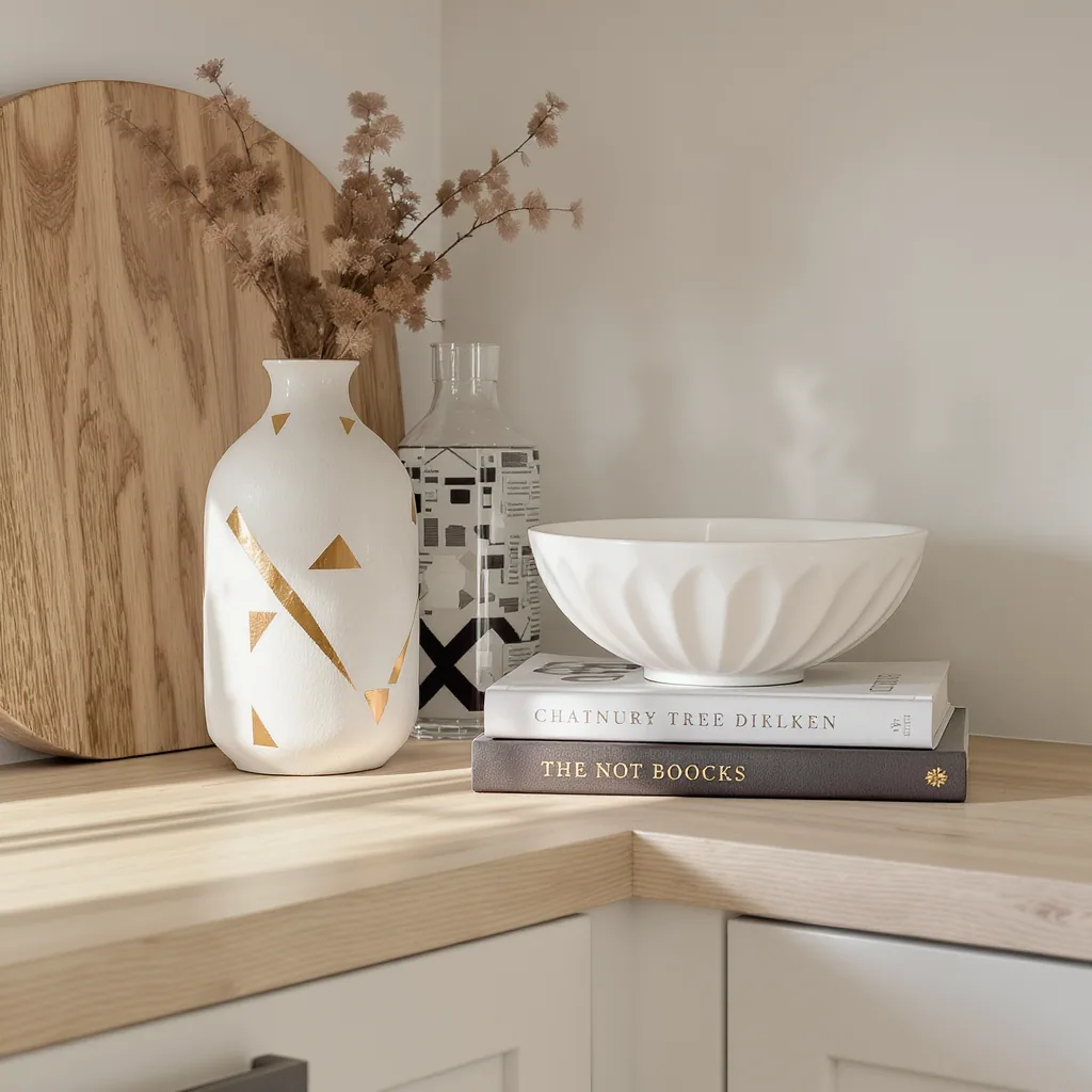 Styled Kitchen Counter With A Decorative Vase Stacked Cookbooks And