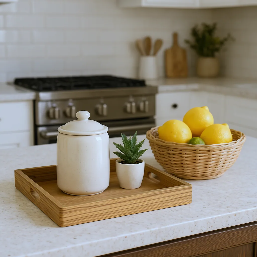 Wooden Tray With Ceramic Canister And Plant Beside A Bowl