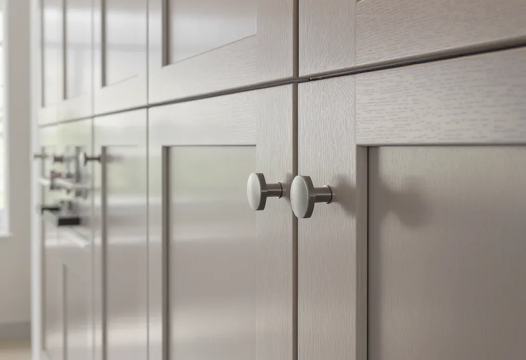Kitchen cabinet makeover showing before and after of refinished cabinet doors and new hardware