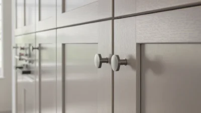 Kitchen cabinet makeover showing before and after of refinished cabinet doors and new hardware