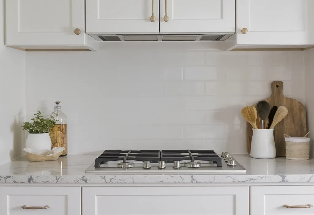 Kitchen cabinet refresh showing new white finish, decorative trim, and balanced hardware placement.