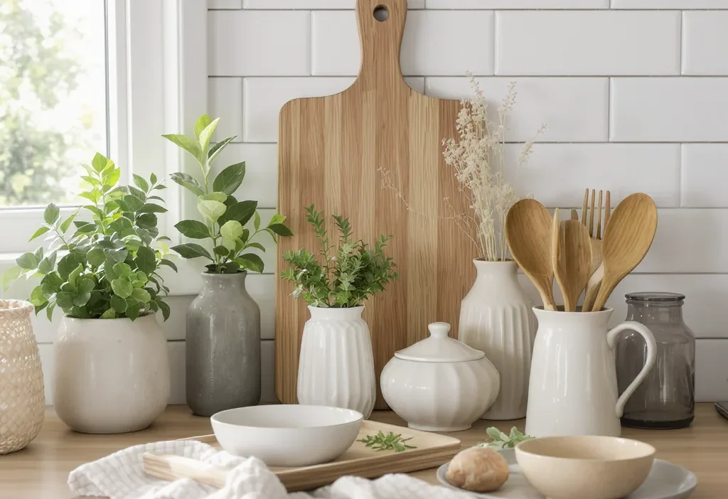 Stylish kitchen counter with essential accessories like a utensil crock, cutting board, and soap dispenser for a clean finish.