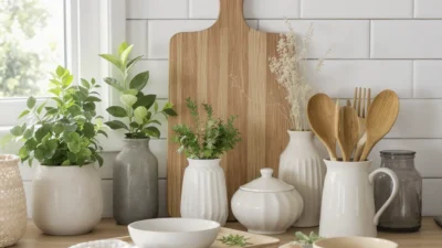 Stylish kitchen counter with essential accessories like a utensil crock, cutting board, and soap dispenser for a clean finish.
