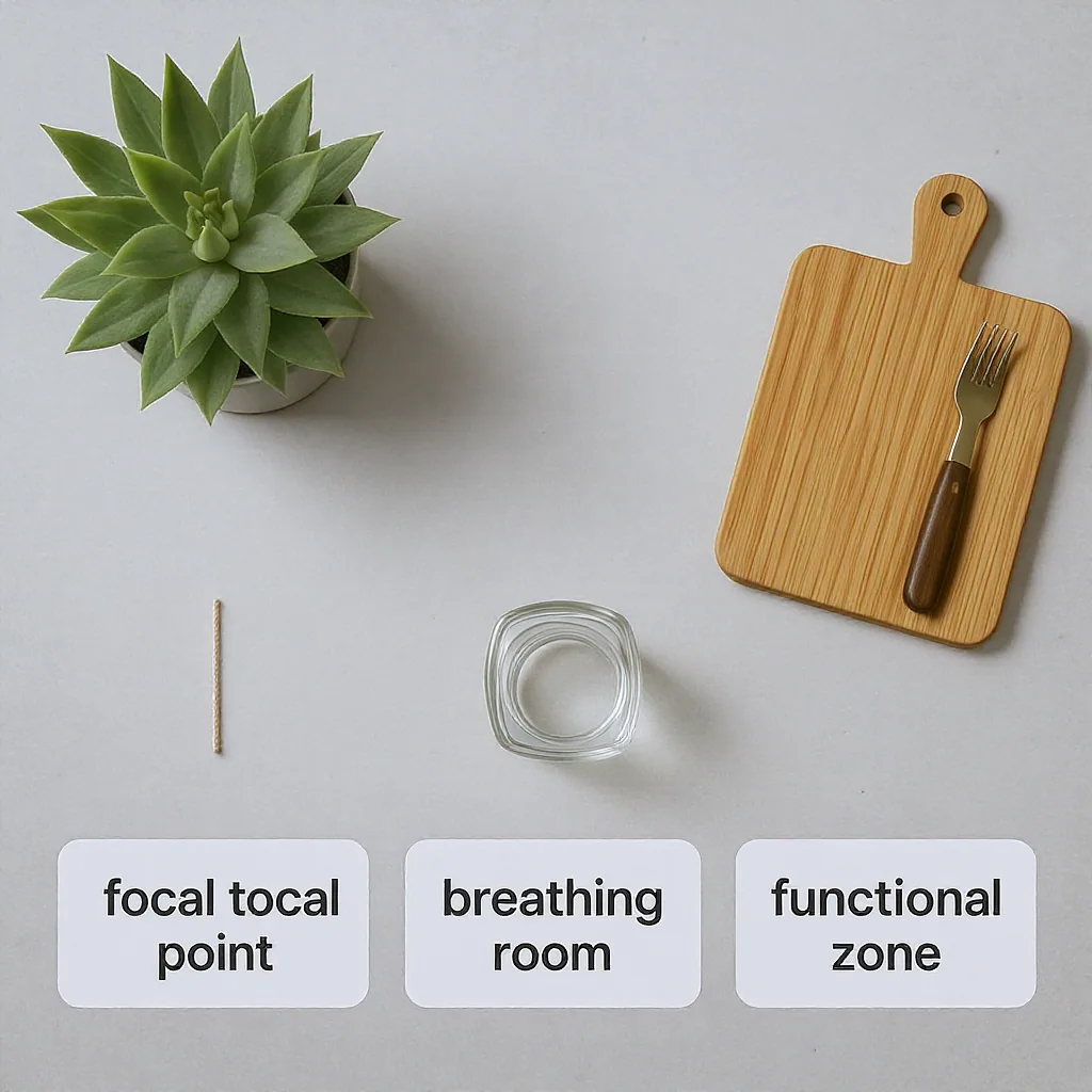 Overhead View Of A Kitchen Counter With Zones Labeled Focal