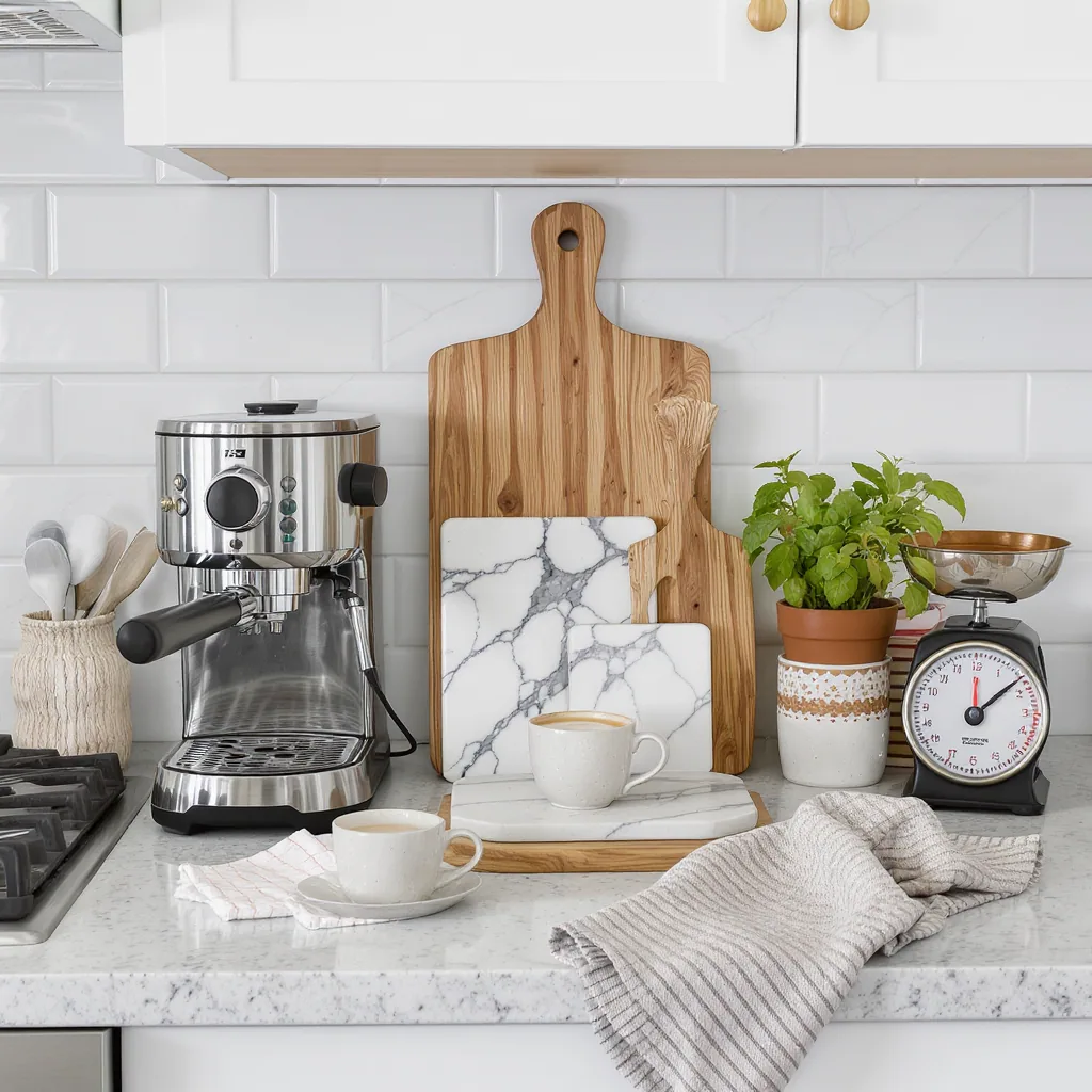 Styled Kitchen Countertop With A Coffee Station Cutting Board Potted