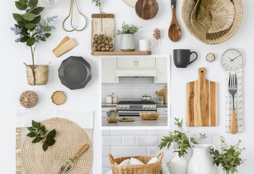 Modern kitchen mood board with sage green cabinets, brass hardware, marble countertops, and wood accents.