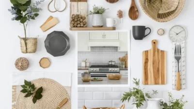 Modern kitchen mood board with sage green cabinets, brass hardware, marble countertops, and wood accents.