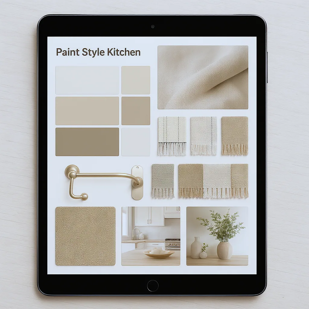 Digital Mood Board On A Tablet Showing Kitchen Paint Swatches