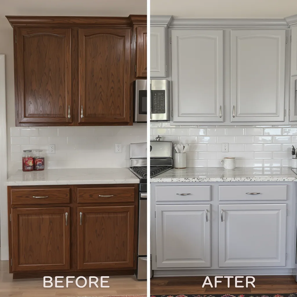 Side-by-side Comparison Of Kitchen Cabinets Before And After A Paint