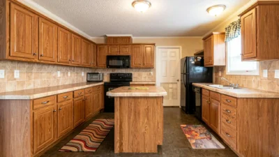 Modern kitchen with sage green cabinets, brass hardware, and white quartz countertops after a decor refresh