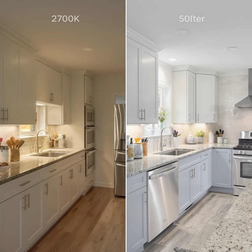 Side-by-side Comparison Of A Kitchen Under Warm And Cool Color