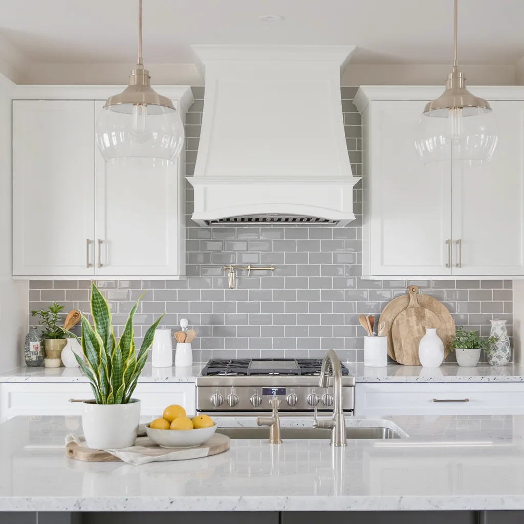 Bright Coordinated Kitchen With Clean Cabinets And Clear Countertops.