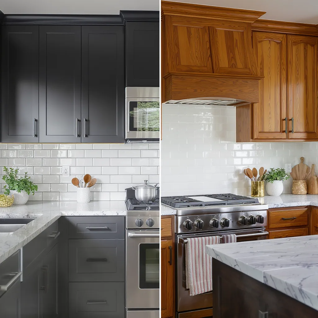 Side-by-side Comparison Of A Modern Kitchen With Matte Black Hardware