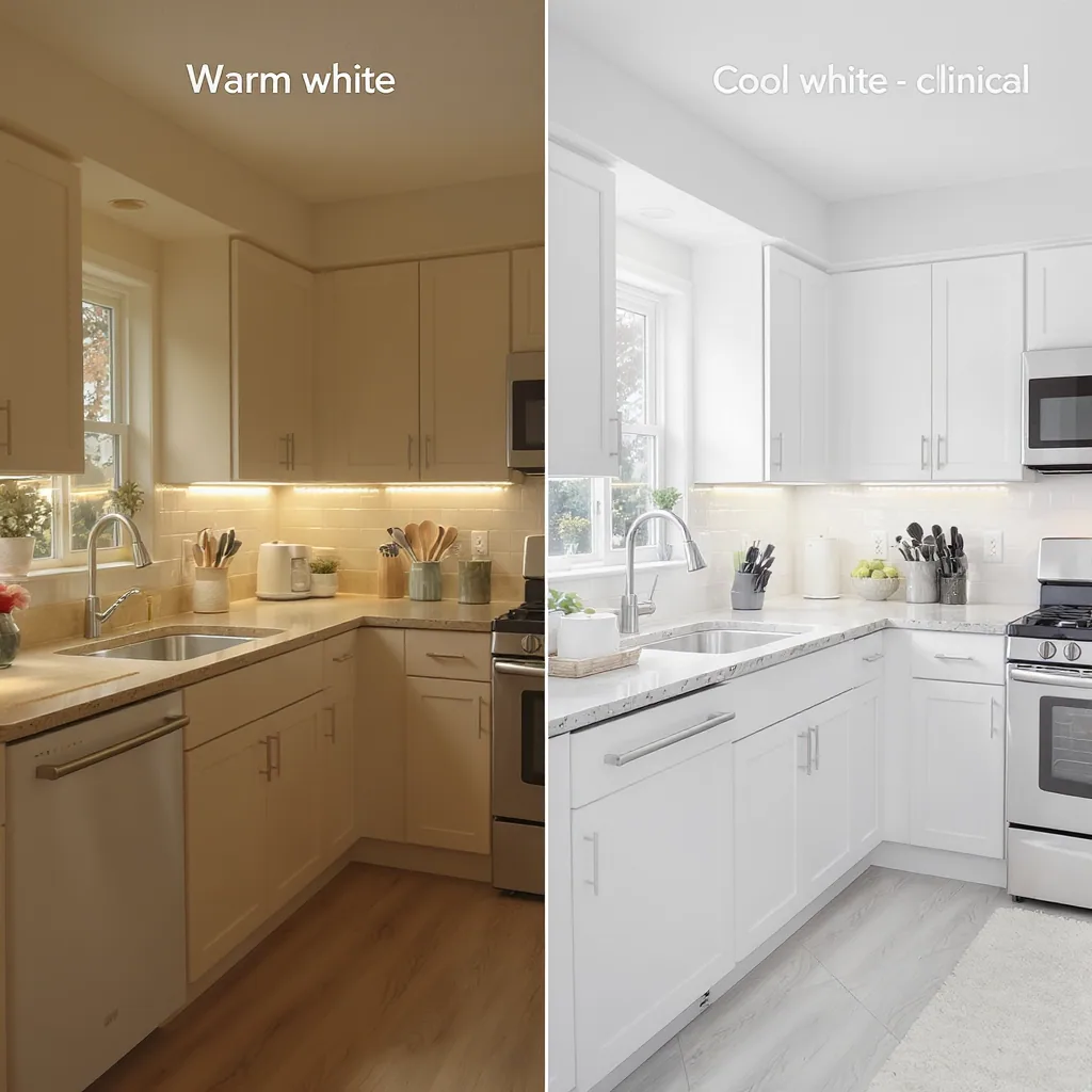 Side-by-side Comparison Of A Kitchen Under Warm White And Cool