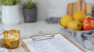 Kitchen budget checklist graphic showing splurge, save, and skip categories for a cost-effective remodel.