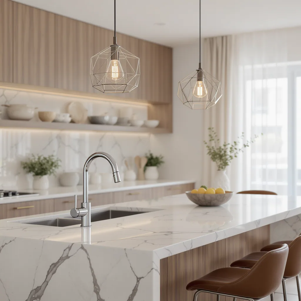 Modern Kitchen Vignette With Pendant Light Faucet And Barstools