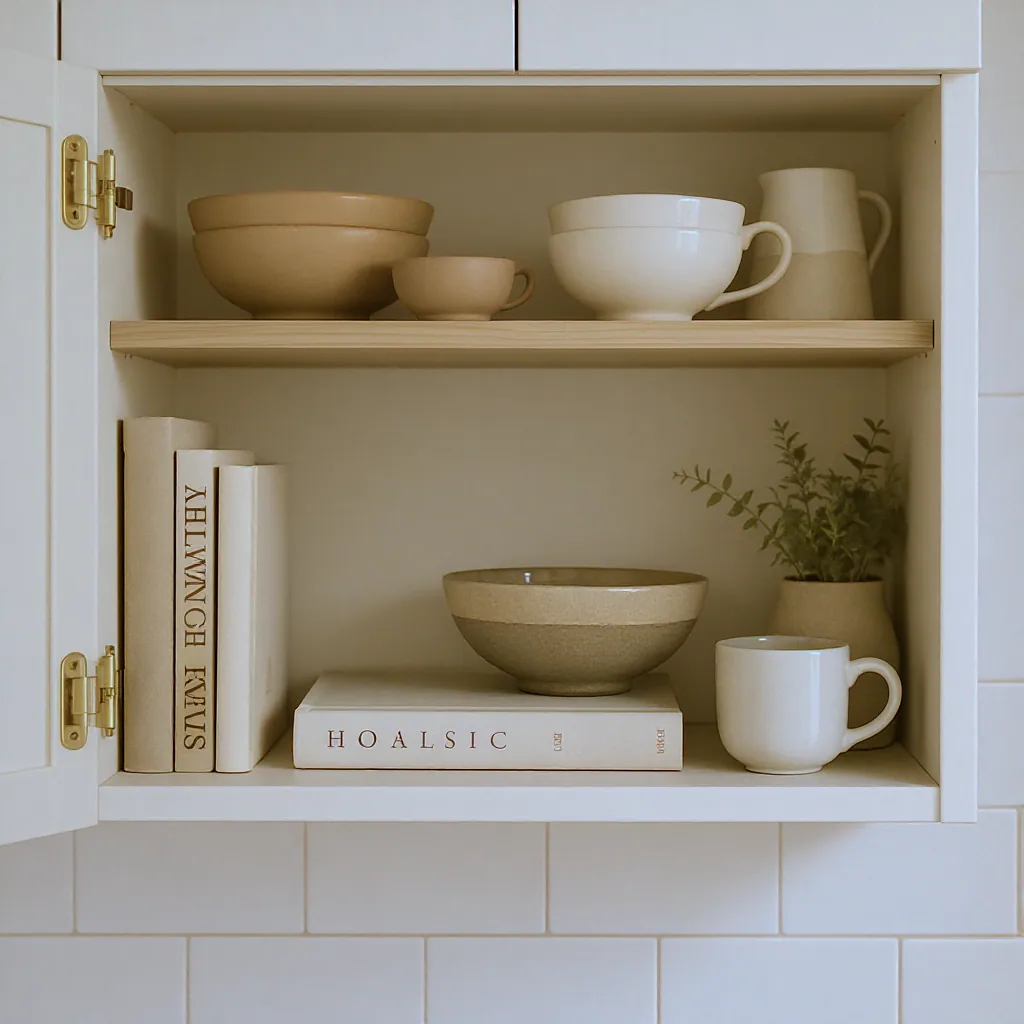 Styled Kitchen Open Shelf With Ceramic Bowls Mugs A Cookbook