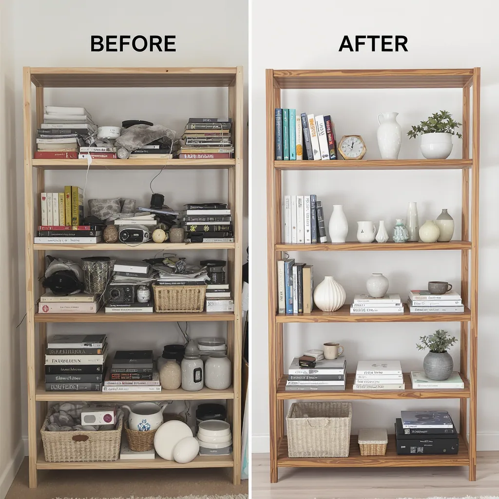 Split Image Comparing A Cluttered Shelf To An Organized Styled