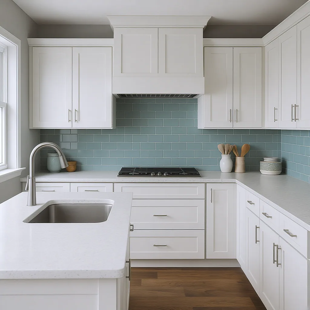 Modern Kitchen With Light Gray Walls White Shaker Cabinets Quartz