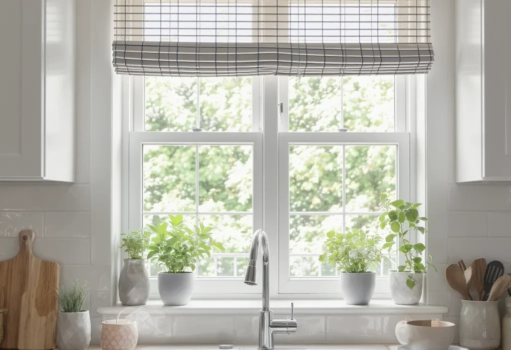 Modern kitchen window with short, easy-care herbs in pots and a simple, clean Roman shade.