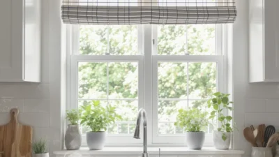 Modern kitchen window with short, easy-care herbs in pots and a simple, clean Roman shade.