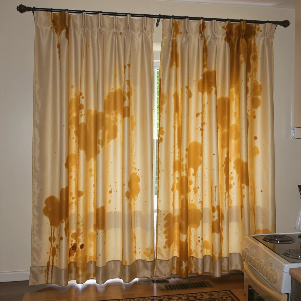 Long Fabric Drapes Stained With Grease Splatters Near The Stovetop