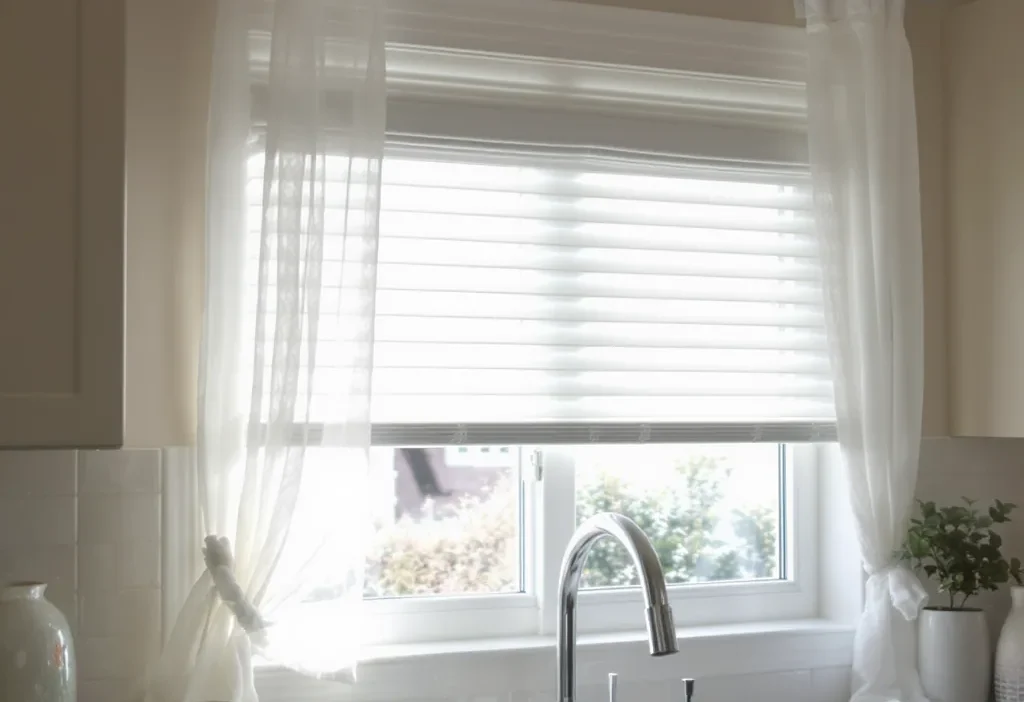 Modern kitchen window with Roman shades, plants, and clean trim for optimal light and privacy.