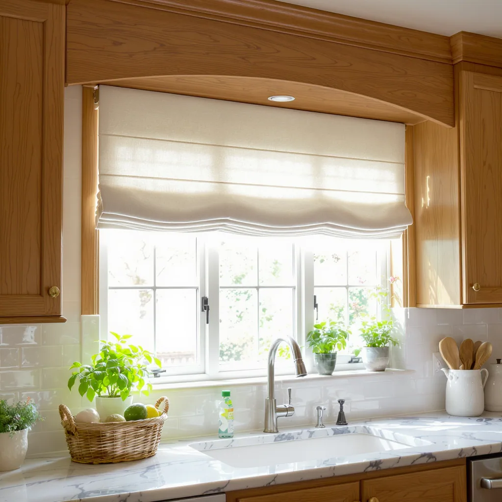 Bright Kitchen With Linen Roman Shades A Wooden Valance Herb