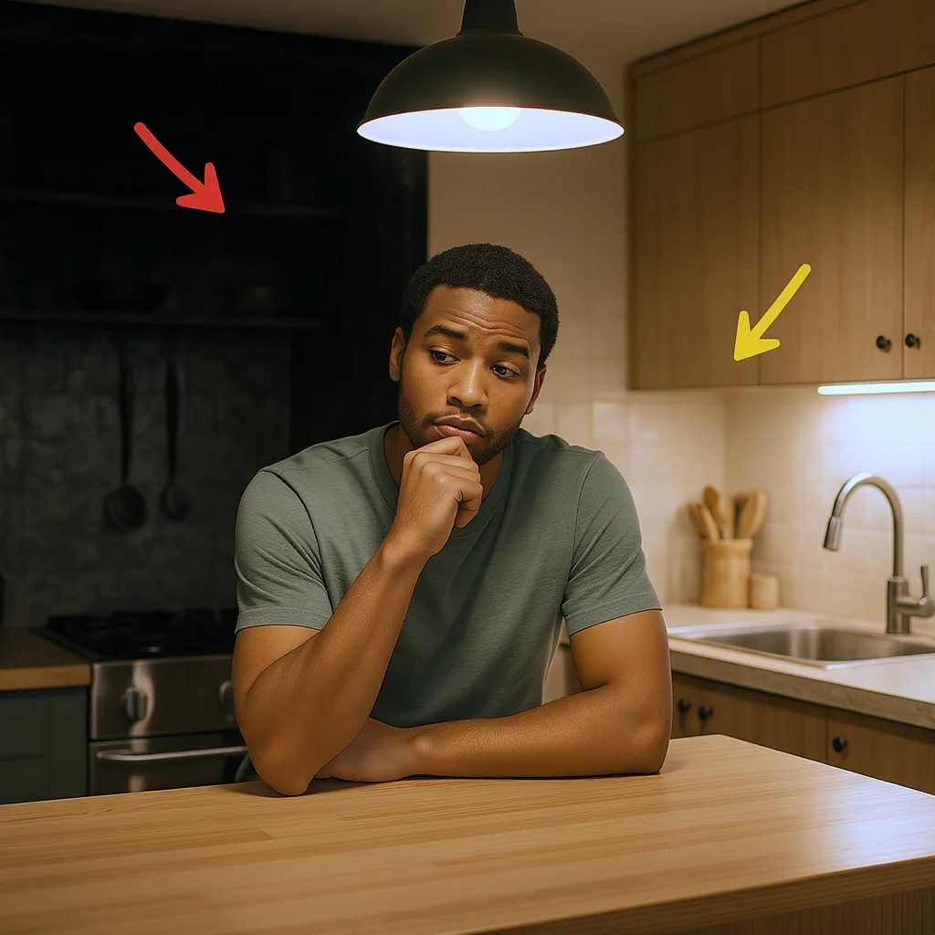 Person Evaluating Kitchen Lighting With Arrows Pointing To Dark And