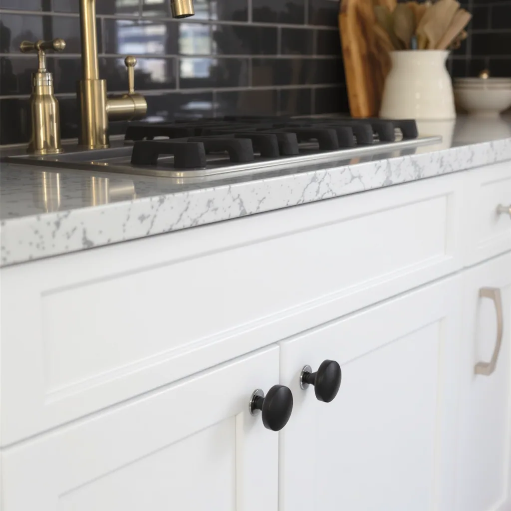 Kitchen With A Brass Faucet Chrome Appliance Handles And Black