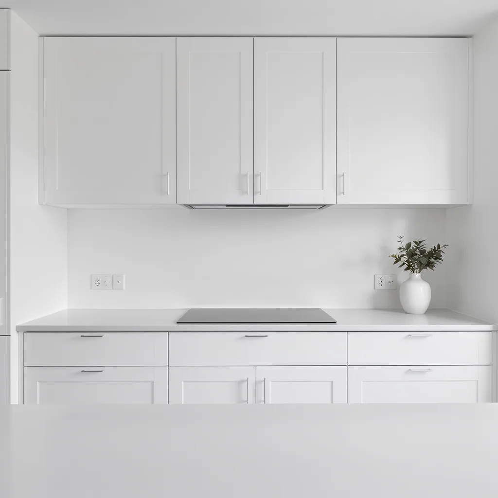 Minimalist Kitchen With Empty Counters And A Single Decorative Vase