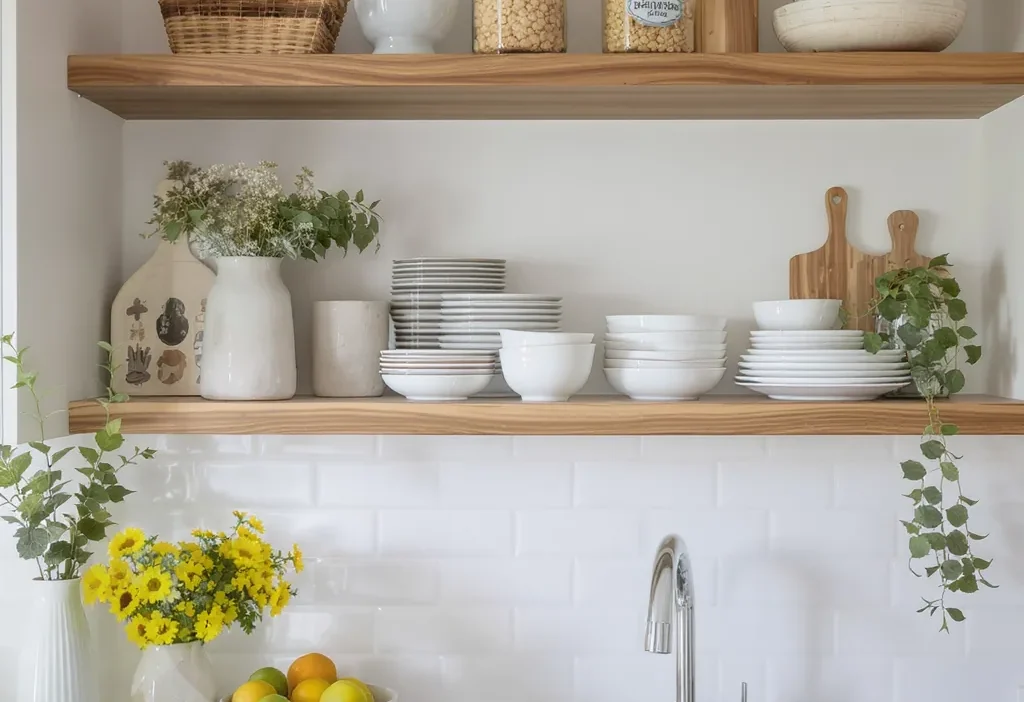 Modern kitchen with open shelves styled two ways: fresh daily-use items versus curated set-in decor.