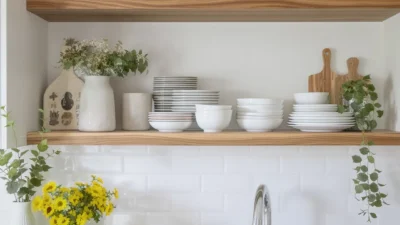 Modern kitchen with open shelves styled two ways: fresh daily-use items versus curated set-in decor.